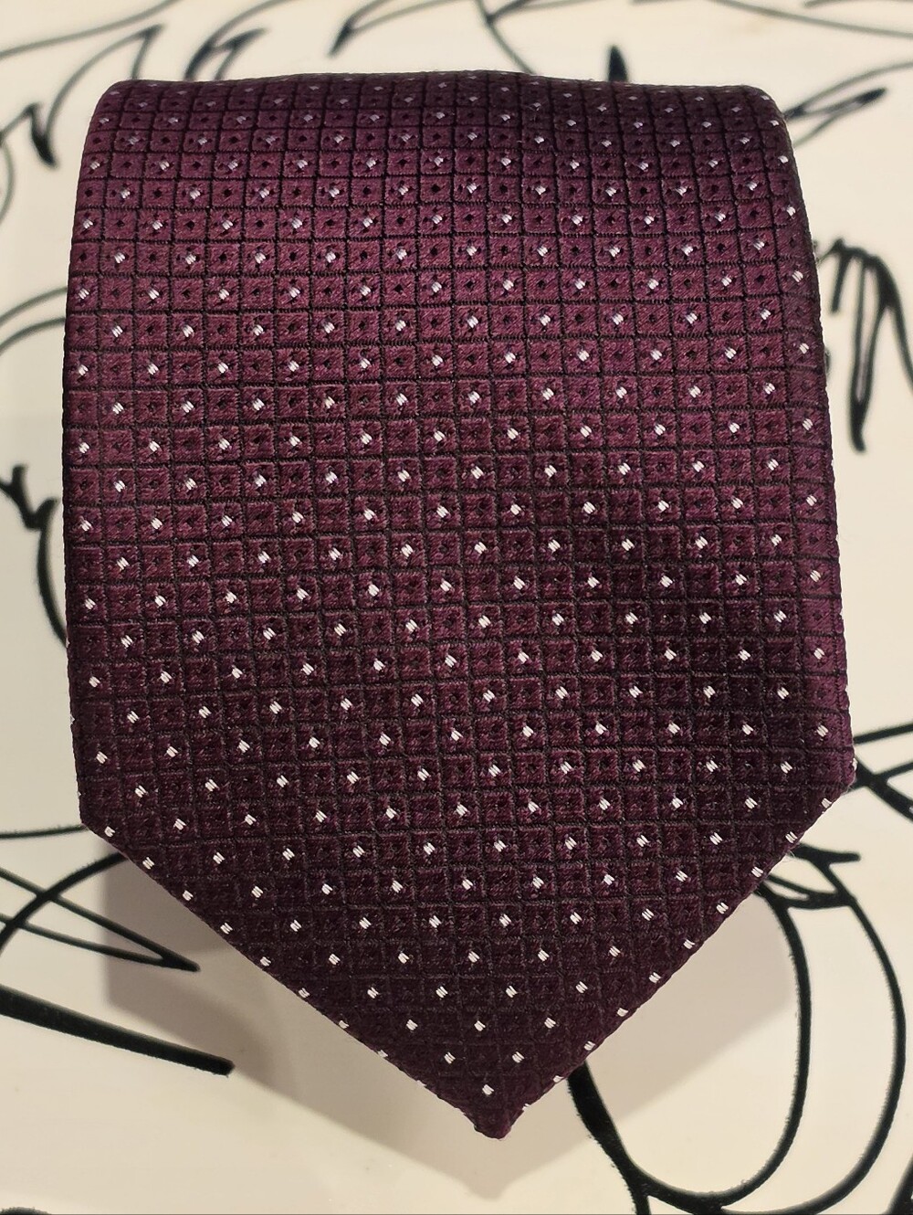 Kenneth Cole Plum Grid Textured Tie with White Dots